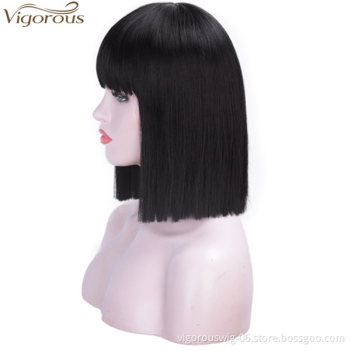 Vigorous 14 inches Cheap Short Straight Black Bob Hair Wig Synthetic Wigs With Neat Bang for Black Women HighTemperature